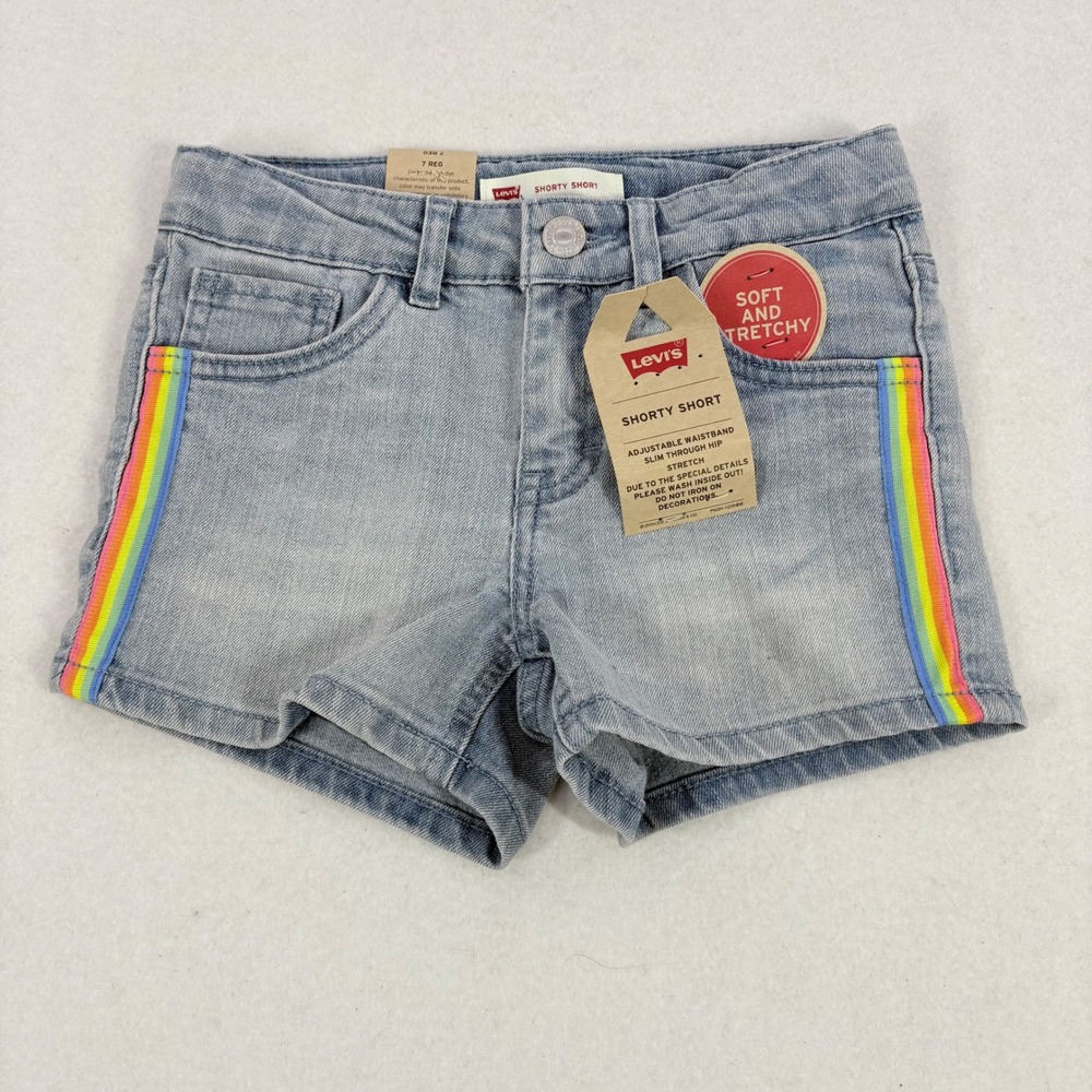 NWT Levis Shorty Short Girls Size 7 Blue New Rainbow Stripe Denim Stretch Shorts